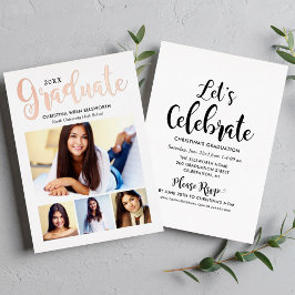 Invitación Con Relieve Metalizado Fiesta de Fotos Múltiples de Graduado en Rosa Dora