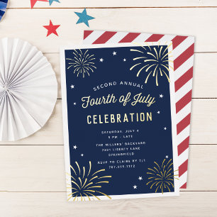 Invitación Con Relieve Metalizado Fiesta de Fuegos Artificiales de Oro del 4 de Juli