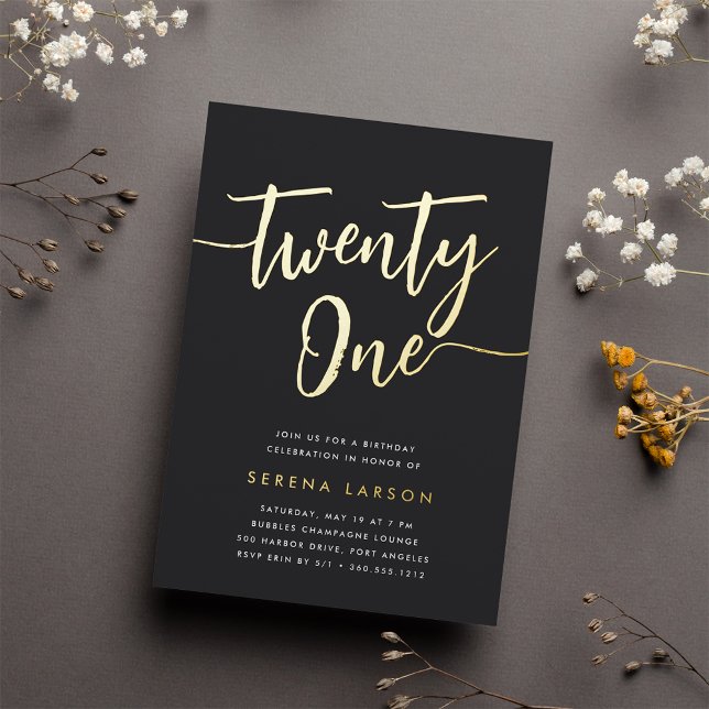 Invitación Con Relieve Metalizado Fiesta de Golden Script 21st Birthday (Subido por el creador)