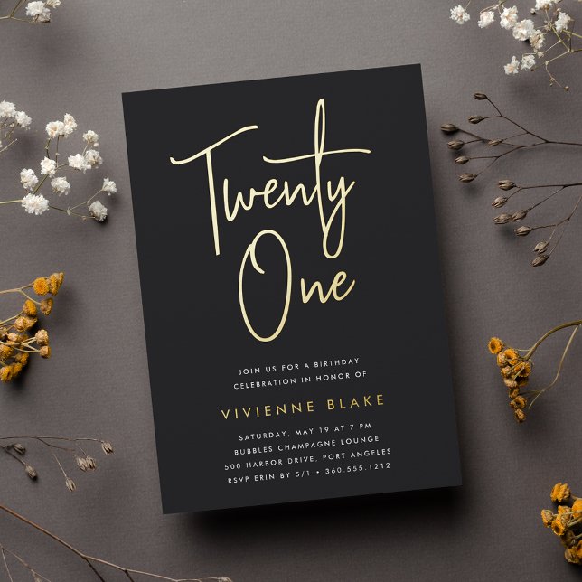 Invitación Con Relieve Metalizado Fiesta de Golden Script 21st Birthday (Subido por el creador)