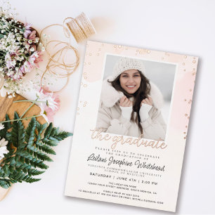 Invitación Con Relieve Metalizado Fiesta de Graduación Acuarela Rosa Rubor Fotográfi