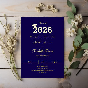 Invitación Con Relieve Metalizado Fiesta de graduación azul dorado clase de 2026 de