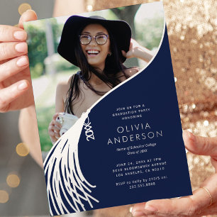 Invitación Con Relieve Metalizado Fiesta de Graduación Azul Marinho com Borla de Pla