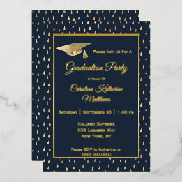 Invitación Con Relieve Metalizado Fiesta de Graduación Azul Marino con Gotitas de Ll