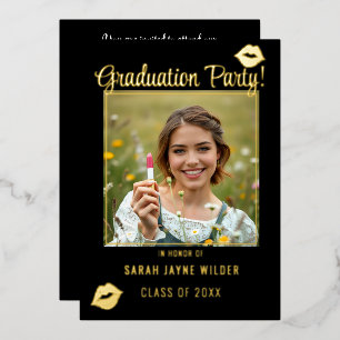Invitación Con Relieve Metalizado Fiesta de Graduación Besos de Labial Negro y Rosa