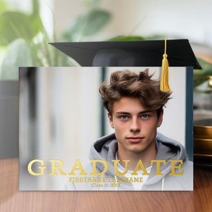 Invitación Con Relieve Metalizado Fiesta de Graduación con 4 Fotos Azul Marino y Dor