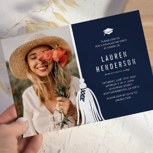 Invitación Con Relieve Metalizado Fiesta de Graduación con Borla Azul Plateada