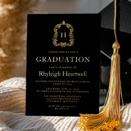 Invitación Con Relieve Metalizado Fiesta de Graduación con Cresta de Monograma de Or