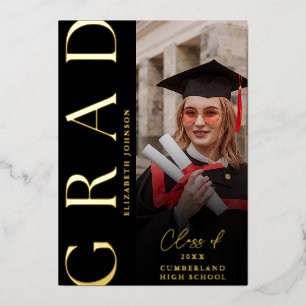 Invitación Con Relieve Metalizado Fiesta de Graduación con Foto en Negro y Dorado