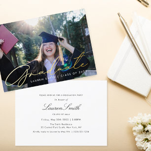 Invitación Con Relieve Metalizado Fiesta de Graduación con Foto y Caligrafía en Oro