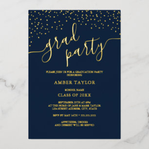 Invitación Con Relieve Metalizado Fiesta de Graduación Confetti Navy Gold