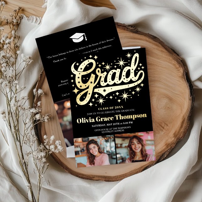 Invitación Con Relieve Metalizado Fiesta de Graduación de 3 Fotos de Retro Gold Scri (Retro Gold Script Stars 3-Photo Graduation Party Foil Invitation)