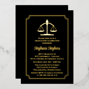 Invitación Con Relieve Metalizado Fiesta de Graduación de Abogado Negro Elegante