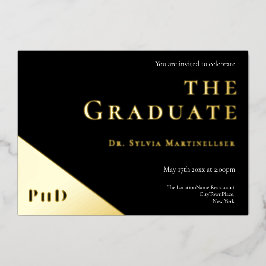 Invitación Con Relieve Metalizado Fiesta de Graduación de Doctorado en Oro Negro Gr