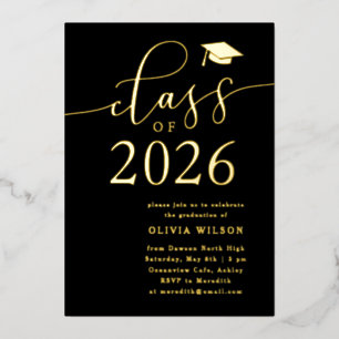Invitación Con Relieve Metalizado Fiesta de Graduación de la Clase de 2026 Negro Oro
