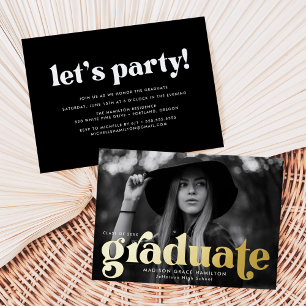 Invitación Con Relieve Metalizado Fiesta de graduación de la tipografía de oro en ne