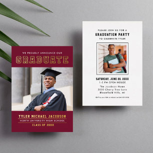 Invitación Con Relieve Metalizado Fiesta de Graduación de Oro Burgundy Universitario