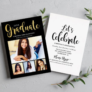 Invitación Con Relieve Metalizado Fiesta de Graduación Dorado Negro con Múltiples Fo