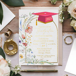 Invitación Con Relieve Metalizado Fiesta de Graduación en Jardín de Flores Silvestre
