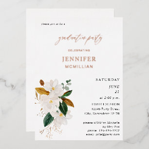 Invitación Con Relieve Metalizado Fiesta de Graduación Floral Blanca Magnolia
