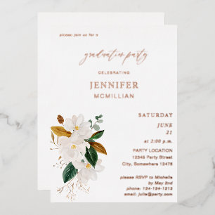 Invitación Con Relieve Metalizado Fiesta de Graduación Floral Blanca Magnolia Comple