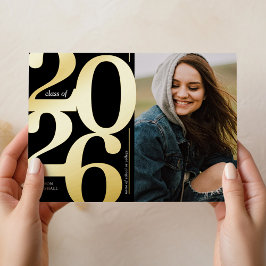 Invitación Con Relieve Metalizado Fiesta de Graduación Foto 2026 Negro Oro