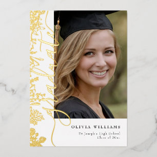 Invitación Con Relieve Metalizado Fiesta de Graduación Foto Floral de Oro de Graduad