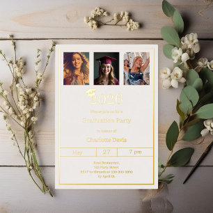 Invitación Con Relieve Metalizado Fiesta de graduación foto lujo marfil dorado
