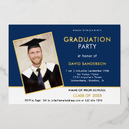 Invitación Con Relieve Metalizado Fiesta de Graduación Grad Foto Azul Marino Blanco 