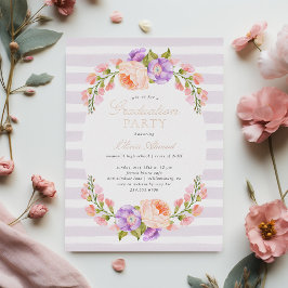 Invitación Con Relieve Metalizado Fiesta de Graduación Lilac Stripe y Flor