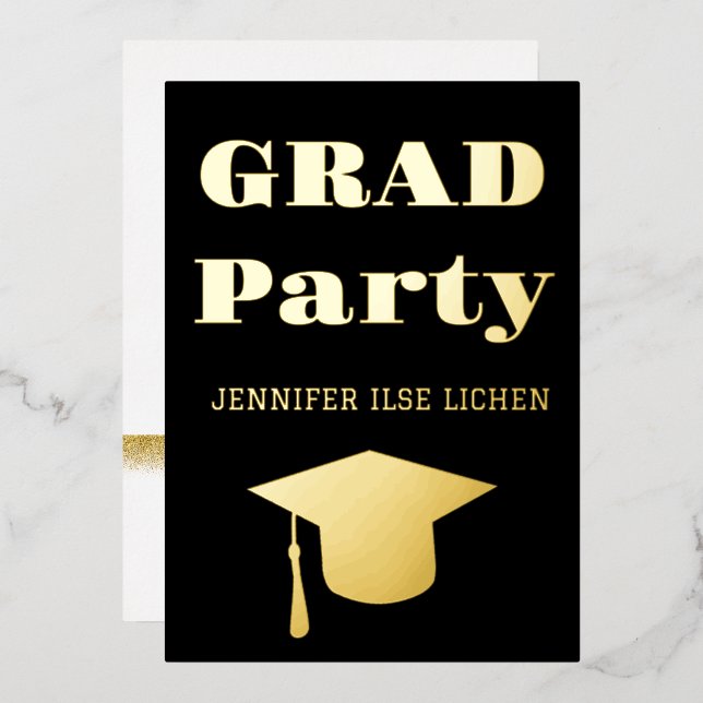 INVITACIÓN CON RELIEVE METALIZADO FIESTA DE GRADUACIÓN MODERNA (Anverso/Reverso)