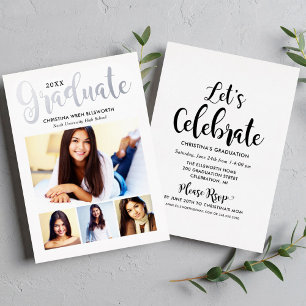 Invitación Con Relieve Metalizado Fiesta de graduación multi foto plateada de moda