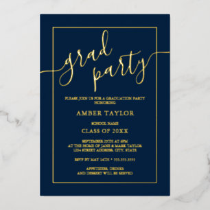 Invitación Con Relieve Metalizado Fiesta de Graduación Navy Oro Moderno