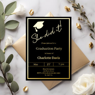 Invitación Con Relieve Metalizado Fiesta de graduación negro oro lujo Lo logró