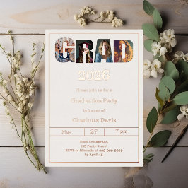 Invitación Con Relieve Metalizado Fiesta de graduación rosa marfil oro graduada foto