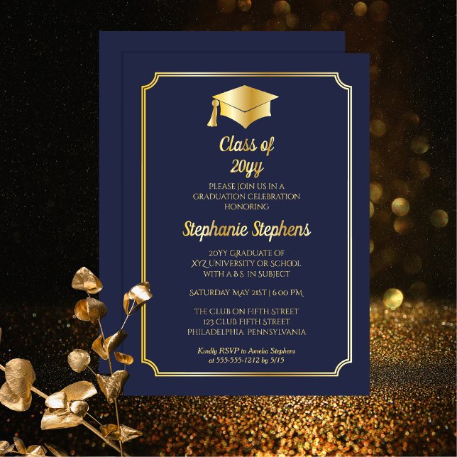Invitación Con Relieve Metalizado Fiesta de graduación universitaria en elegante azu (Elegant Blue College or University Non-Photo Graduation Announcement and Party Foil Invitation)