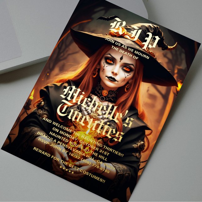 Invitación Con Relieve Metalizado Fiesta de Halloween Adultos de 30 Años de Bruja Gó (Gothic Witch 20th 30th 40th 50th Birthday Adult Halloween Party Foil Invitation
)