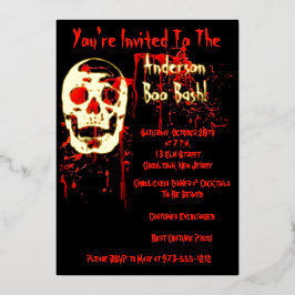 Invitación Con Relieve Metalizado Fiesta de Halloween Calavera Sonriente Negra y Roj