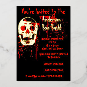 Invitación Con Relieve Metalizado Fiesta de Halloween Calavera Sonriente Negra y Roj