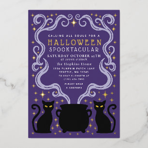 Invitación Con Relieve Metalizado Fiesta de Halloween de Bruja Morada Gato Negro Cal
