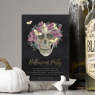 Invitación Con Relieve Metalizado Fiesta de Halloween de cráneo floral de orquídea r