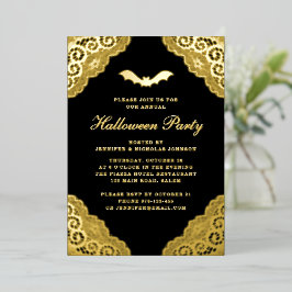 Invitación Con Relieve Metalizado Fiesta de Halloween de Damasco Negro Gótico con Ho