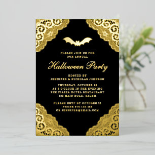 Invitación Con Relieve Metalizado Fiesta de Halloween de Damasco Negro Gótico con Ho
