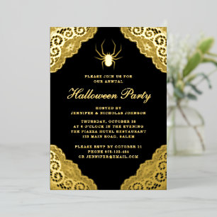 Invitación Con Relieve Metalizado Fiesta de Halloween de Damasco Negro Gótico con Ho