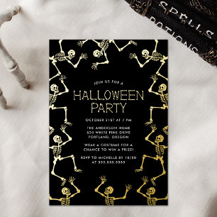 Invitación Con Relieve Metalizado Fiesta de Halloween de Esqueletos Bailarines Espel