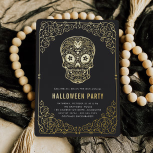 Invitación Con Relieve Metalizado Fiesta de Halloween de la Calavera Dorada