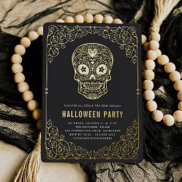 Invitación Con Relieve Metalizado Fiesta de Halloween de la Cránea Dorada