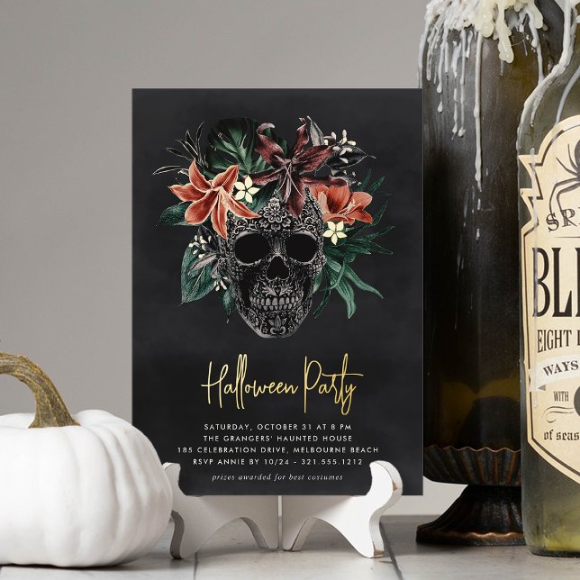 Invitación Con Relieve Metalizado Fiesta de Halloween de la Floral Tropical (Subido por el creador)