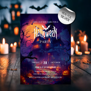 Invitación Con Relieve Metalizado Fiesta de Halloween en Casa Embrujada