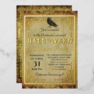 Invitación Con Relieve Metalizado Fiesta de Halloween Gótica Espeluznante Vintage de